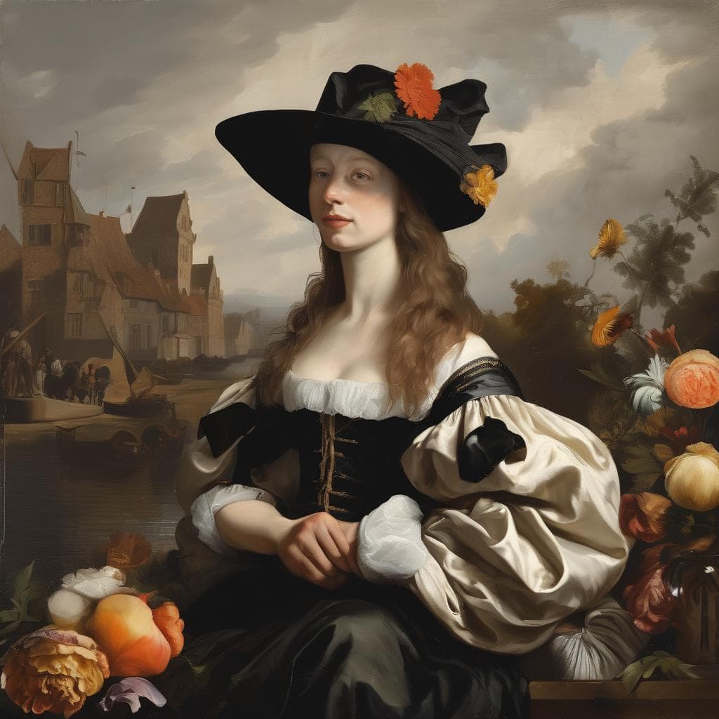 Ουά, μια γυναικεία μορφή σε πίνακα ζωγραφικής με ιστορική και καλλιτεχνική αξία, φορώντας ευρωπαϊκή παραδοσιακή ενδυμασία και καπέλο με λουλούδια.