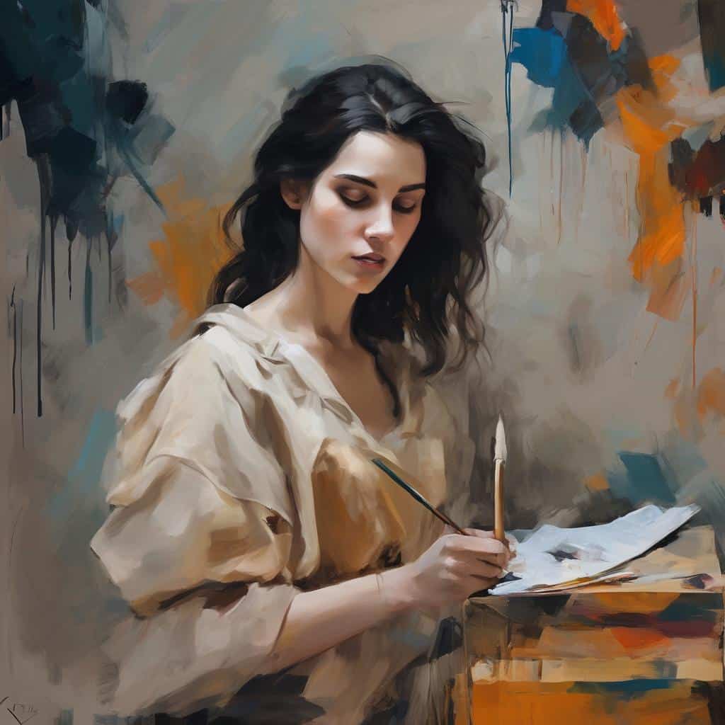 Καλλιτέχνης γυναίκα που ζωγραφίζει σε καμβά, δημιουργία και τέχνη σε μοντέρνο στυλ.