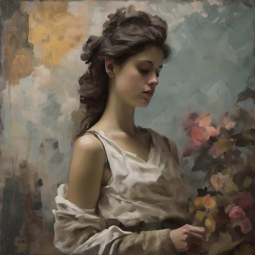 Ομορφιά και τέχνη σε πορτρέτο γυναικείας φιγούρας με λουλούδια, σε ζωγραφική ατμόσφαιρα.