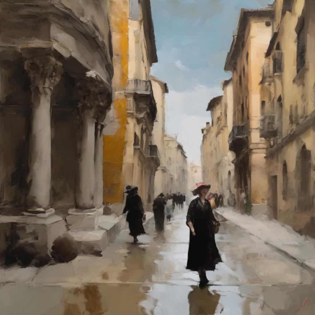 Καλλιτεχνική δημιουργία, ρομαντική βόλτα σε αρχαία πόλη, ιστορική τέχνη, ζωγραφική σκηνή, αστικό τοπίο, καλλιτεχνική φωτογραφία, ιταλική αρχιτεκτονική, εποχή 19ου αιώνα, πολιτιστική κληρονομιά, ατμοσφαιρική τέχνη.