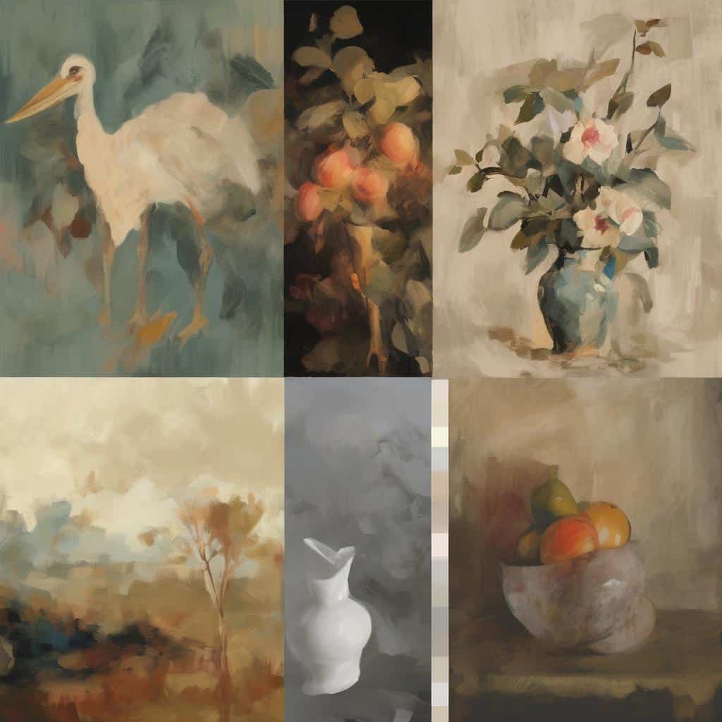 Λευκός ερωδιός σε αφηρημένο πίνακα με φύλλα και ουρανό.