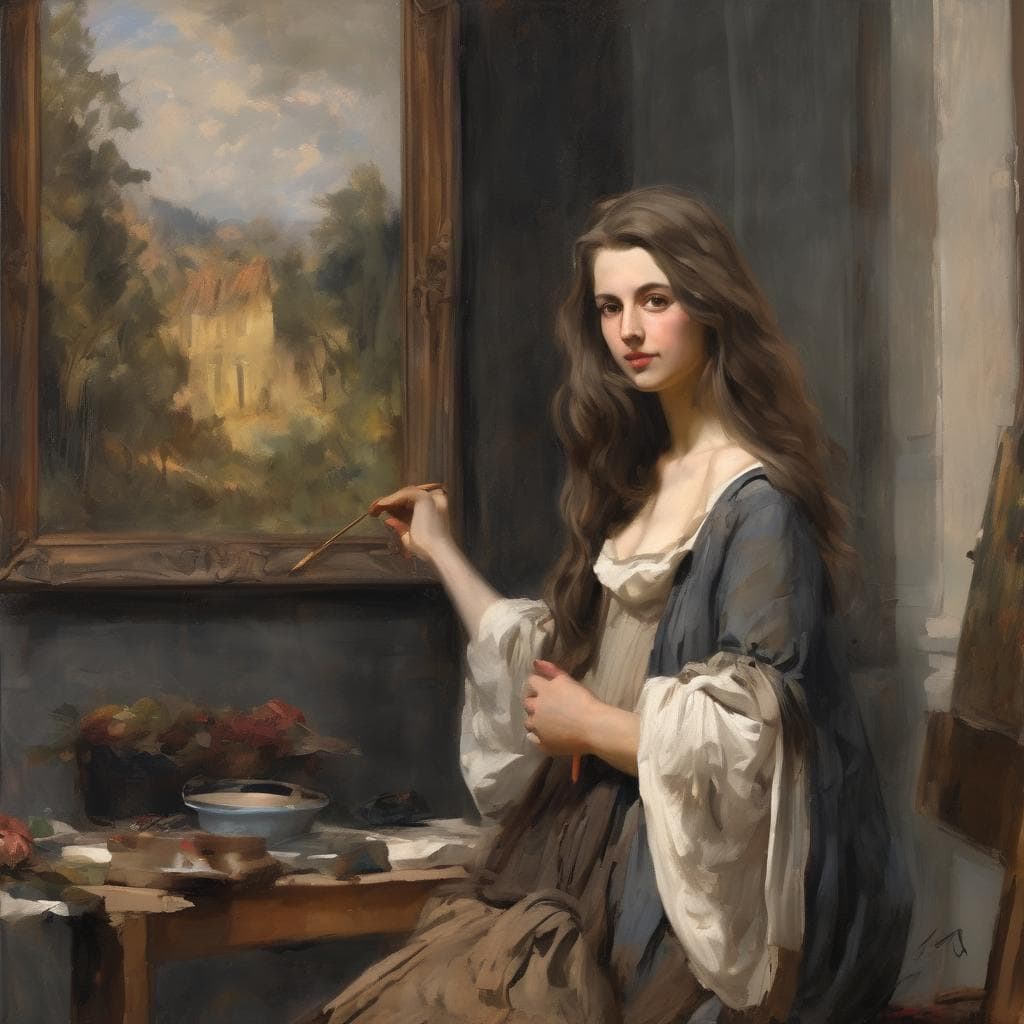 Ζωγράφος νέα κοπέλα, βυθισμένη στη δημιουργία καλλιτεχνικών κινήσεων, σε εσωτερικό χώρο με πίνακα και καμβά.